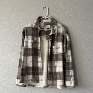 American Eagle Outfitters Plaid Shacket in Brown, Cream, and Blue